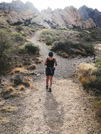 Rear view of man walking on mountain