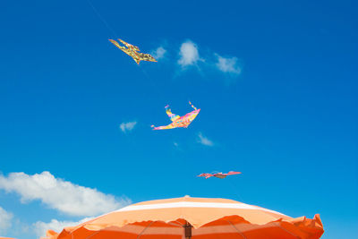 Low angle view of kites flying in sky