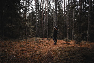 Man standing amidst trees in forest