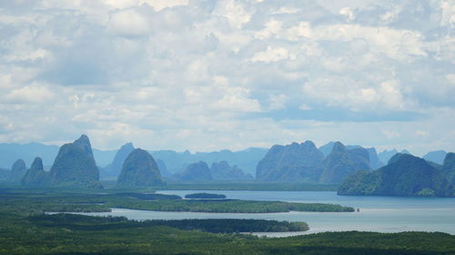Panoramic view of landscape and mountains against sky