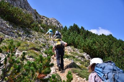 Rear view of men on mountain against sky