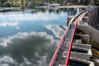 High angle view of boat moored on river