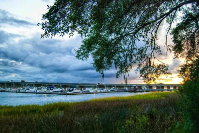 Scenic view of river against cloudy sky