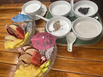 High angle view of vegetables on table