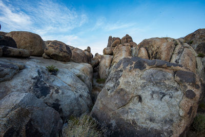 Low angle view of rock formations against sky in the alabama hills