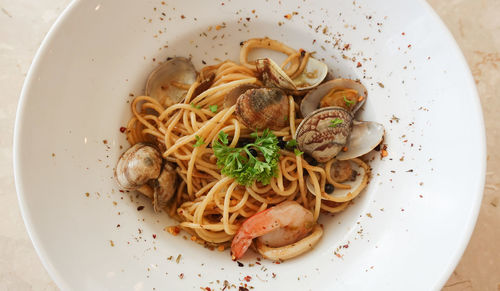 High angle view of noodles in plate on table