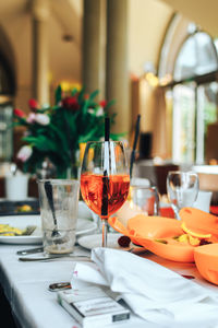 Glass of wine on table in restaurant