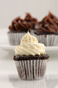 Miniature chocolate cupcakes with chocolate and vanilla topping