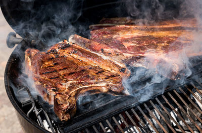 High angle view of food on barbecue grill