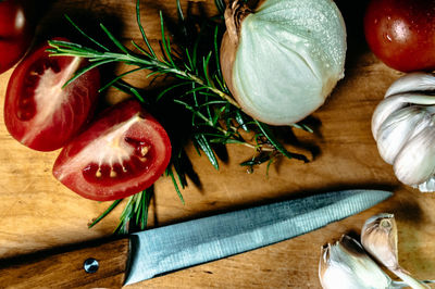 High angle view of chopped vegetables on cutting board