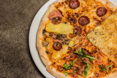 High angle view of pizza on table