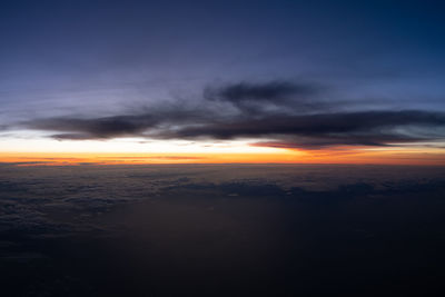 Aerial view of sea against sky during sunset