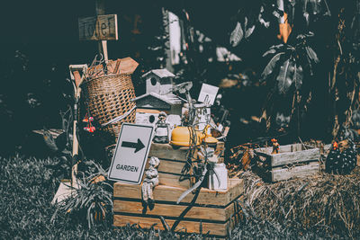 View of bicycle in basket on table against trees