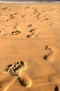 High angle view of footprints on sand at beach