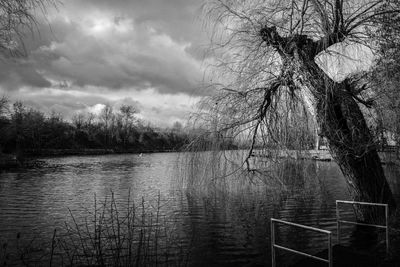 Scenic view of lake against cloudy sky