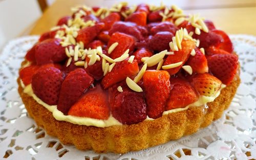 Close-up of strawberries cake in plate