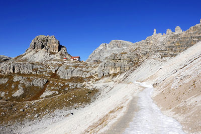 Scenic view of rocky mountains against clear blue sky