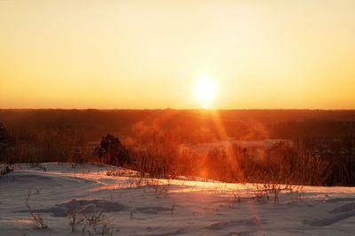 Scenic view of landscape against clear sky during sunset