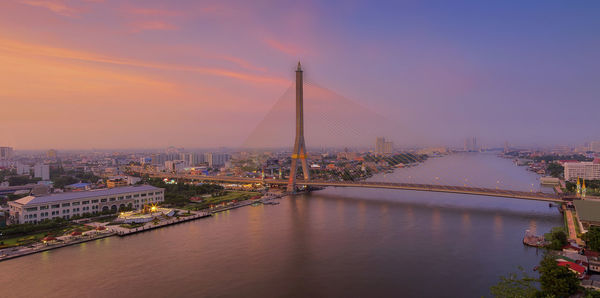 Bridge over river with city in background at sunset