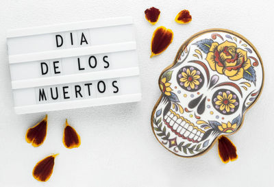 High angle view of text written on white background