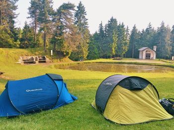 Tent in field against trees