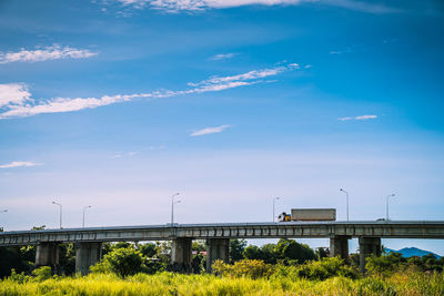 Bridge over field against blue sky