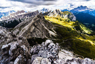 Scenic view of snowcapped mountain against cloudy sky