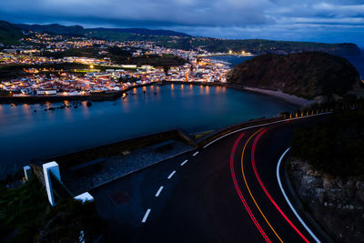 High angle view of illuminated city against sky at dusk