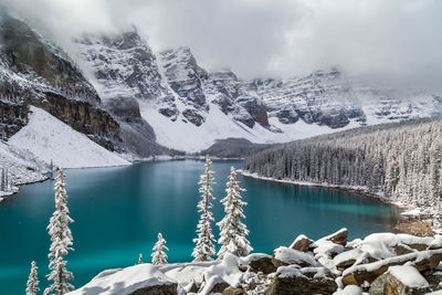 Scenic view of lake by snowcapped mountains against sky