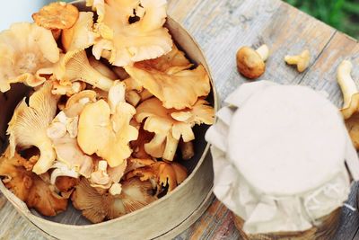 High angle view of mushrooms growing on table