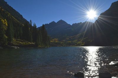 Scenic view of lake and mountains against sky