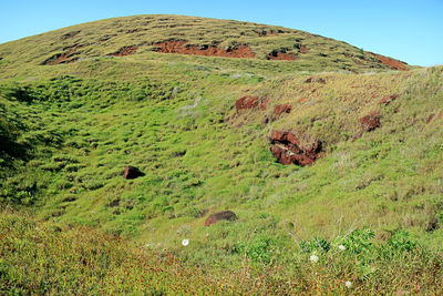 Puna pau volcano with red scoria rock, historic quarry of moai topknots on easter island of chile