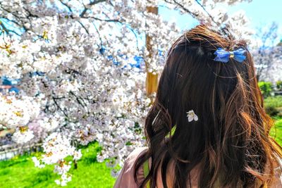 Rear view of woman standing by cherry blossom