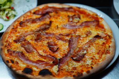 High angle view of pizza on table