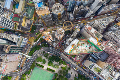 Aerial view of city street and buildings