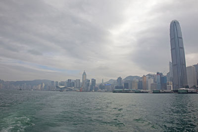 View of city buildings against cloudy sky