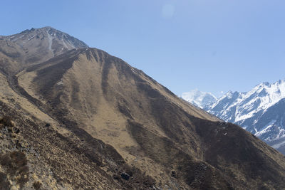 Scenic view of snowcapped mountains against clear sky