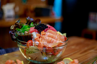 Close-up of ice cream in glass on table