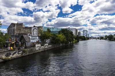 Bridge over river amidst buildings in city