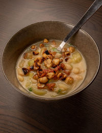 High angle view of soup in bowl on table