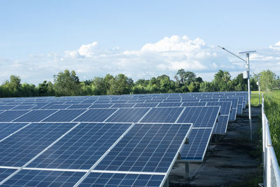 Solar panels on field against sky
