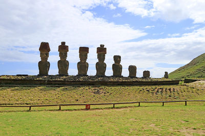 Ahu nau nau ceremonial platform on anakena beach, easter island, chile