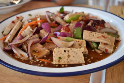 Close-up of meal served in bowl on table