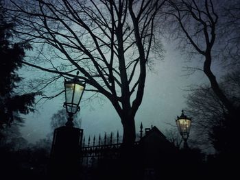 Low angle view of bare trees against sky at dusk