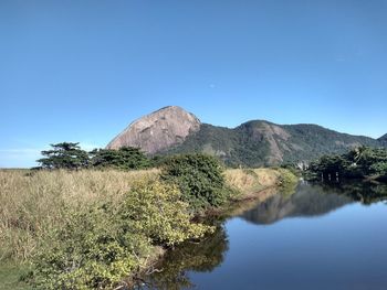 Scenic view of lake against clear blue sky