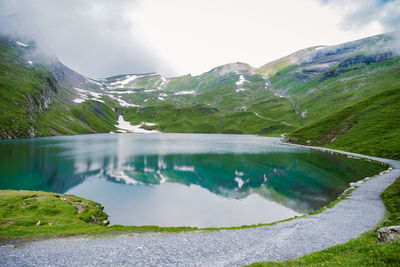 Scenic view of lake and mountains against sky