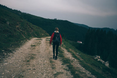 Rear view of man walking on mountain against sky