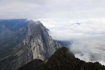 Aerial view of mountain range against sky