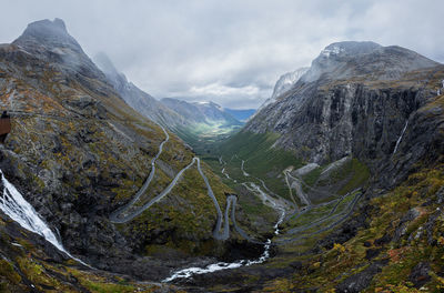 Scenic view of mountains against sky, famous trollstigen in norway