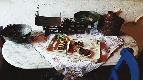 High angle view of breakfast on table